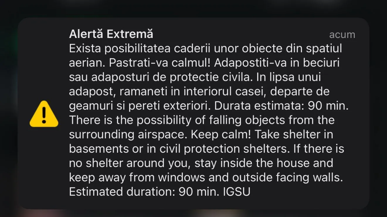 Alertă RO-Alert în nordul județului Tulcea privind posibila cădere a unor obiecte din spațiul aerian