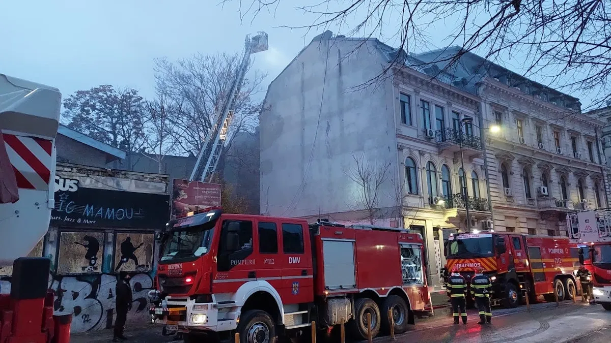 Incendiu puternic cu degajări de fum la un bloc de pe Calea Plevnei. 45 de persoane evacuate