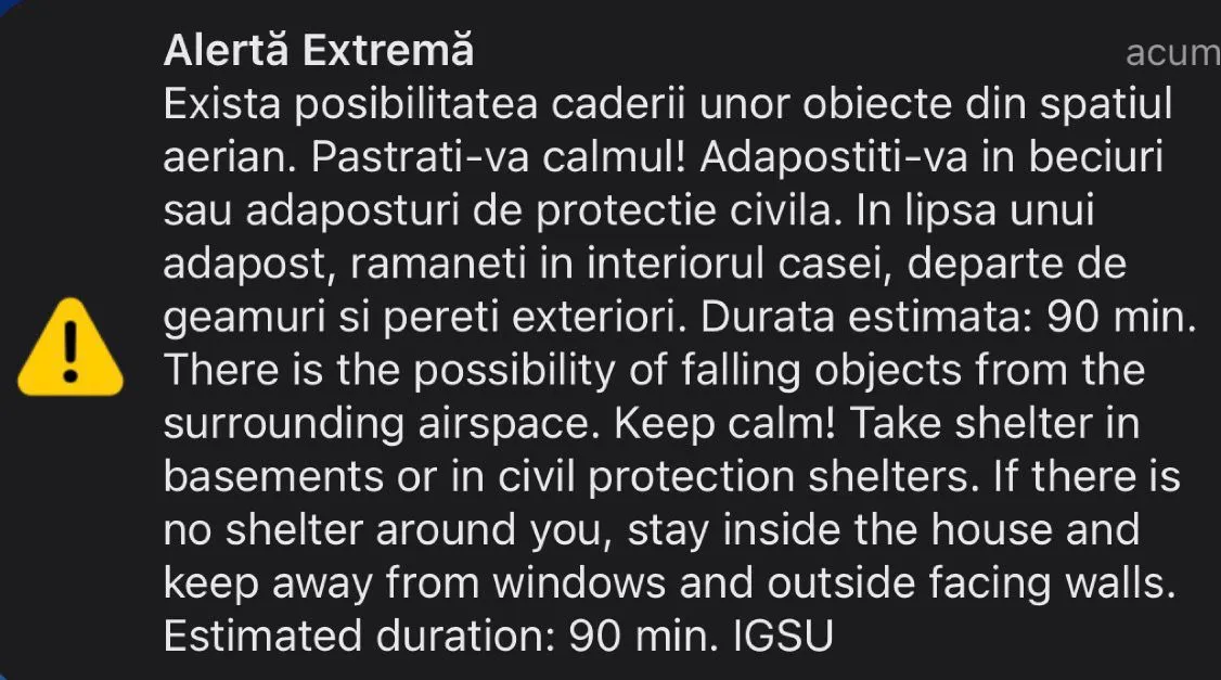 Mesaj RO-Alert emis pentru nordul județului Tulcea, din cauza riscului căderii unor obiecte din spațiul aerian