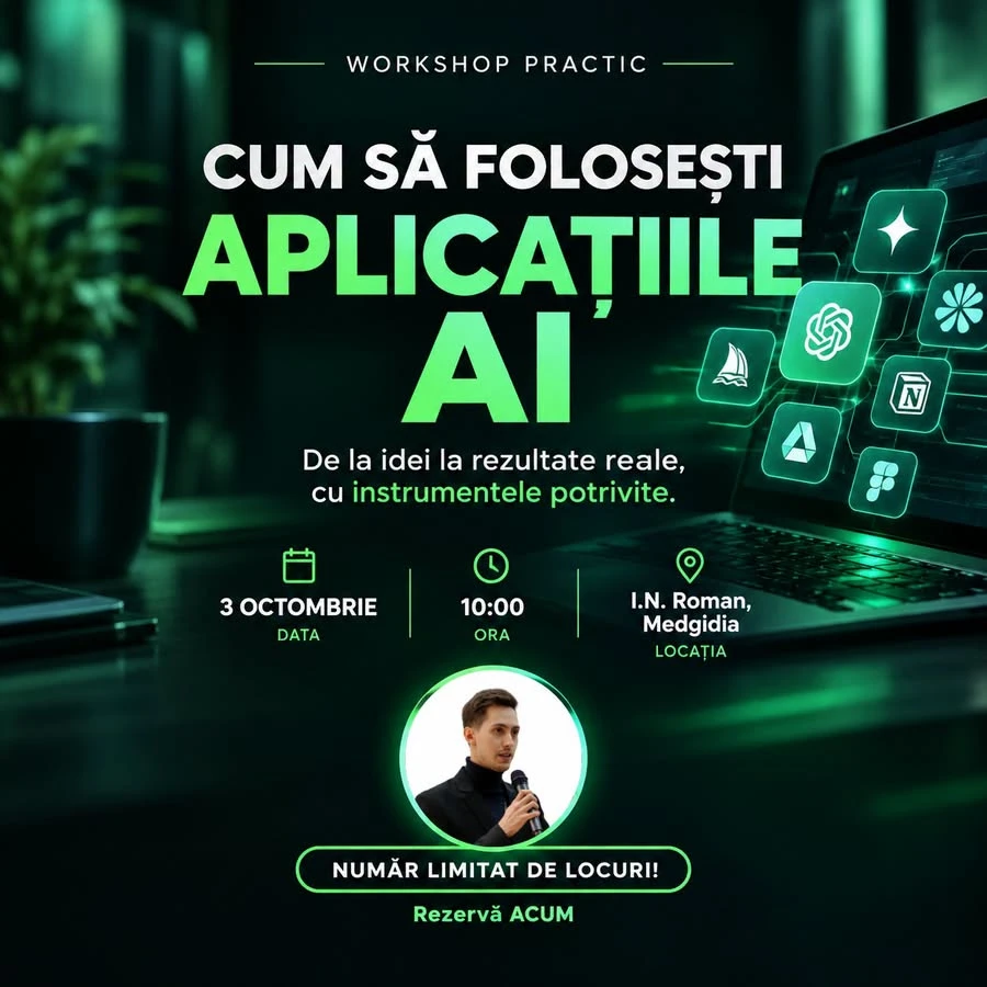 Workshop gratuit despre folosirea aplicațiilor AI. Participarea se face pe bază de înscriere